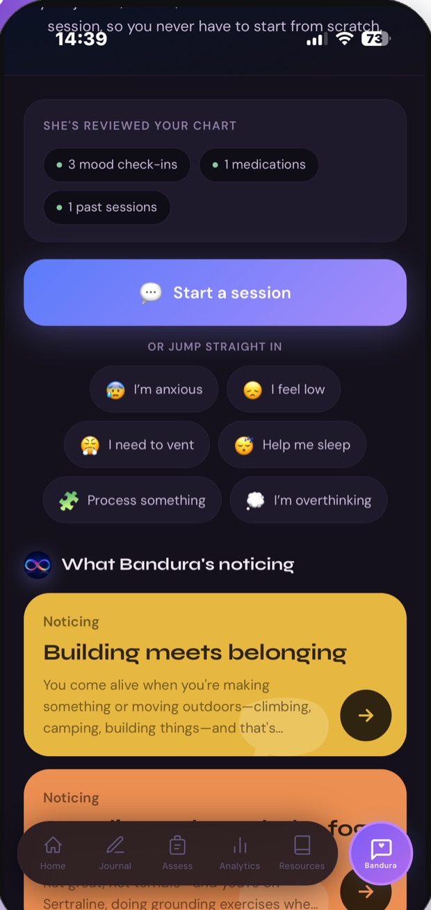 Bandura session screen with conversation starters.