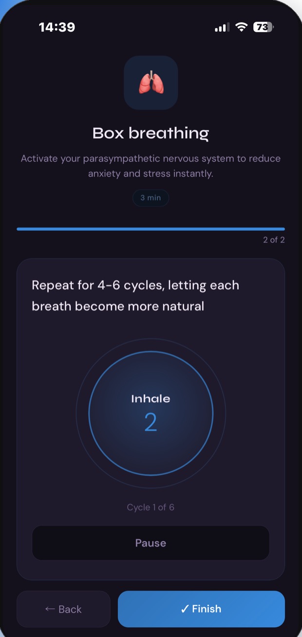 Box breathing exercise with an inhale timer.