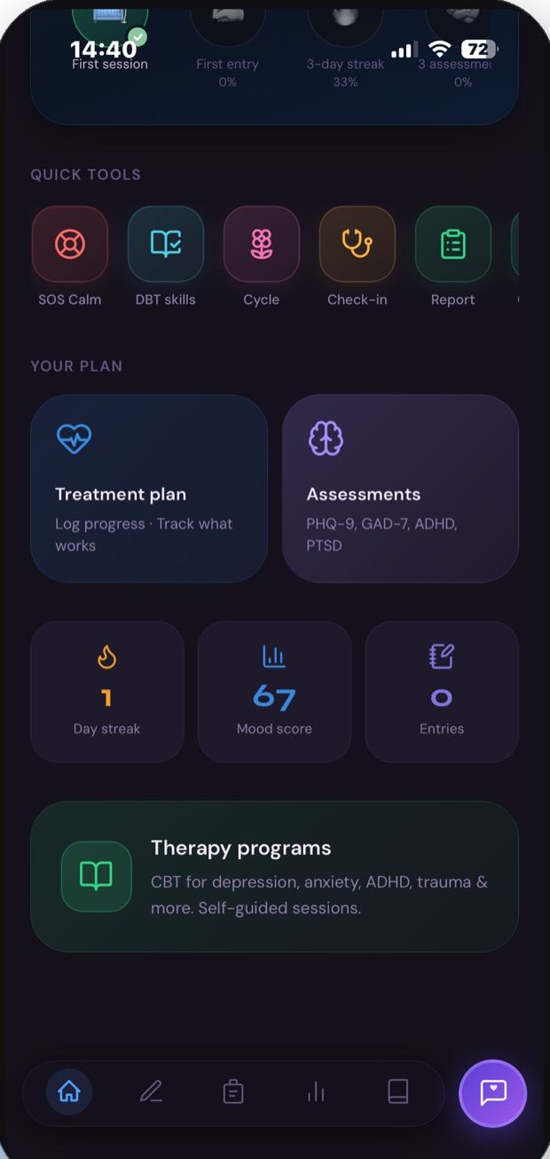 Home screen with quick tools, treatment plan and therapy programs.